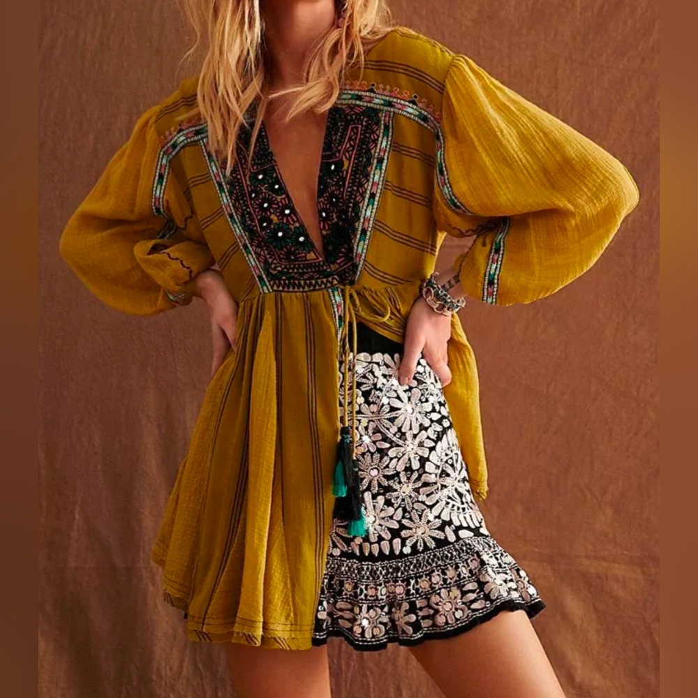 Free People Sabeena Boho Golden Embroidered Beaded Olive Tunic Top Tassels Small
